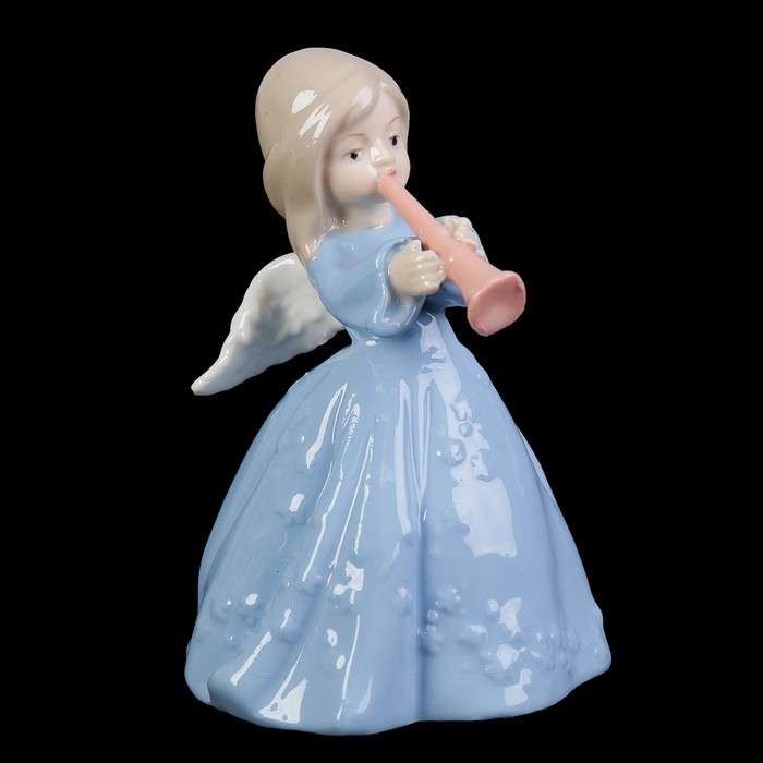 Сувенир керамика под фарфор "Ангелочек в голубом платье с дудочкой" 14,5х9,5х9 см