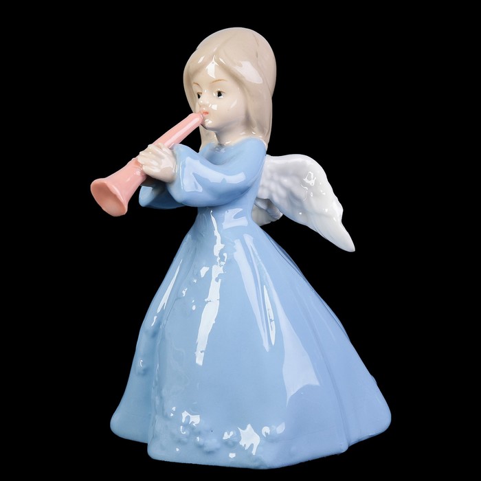 Сувенир керамика под фарфор "Ангелочек в голубом платье с дудочкой" 14,5х9,5х9 см