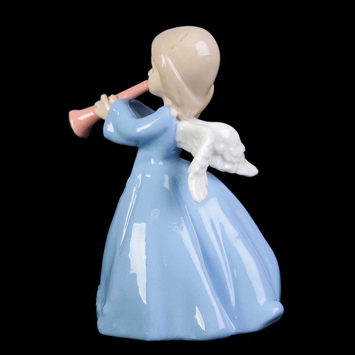 Сувенир керамика под фарфор "Ангелочек в голубом платье с дудочкой" 14,5х9,5х9 см