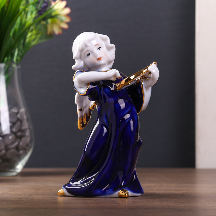 Сувенир керамика под фарфор "Ангел с арфой" кобальт 15,5х7,5х9 см
