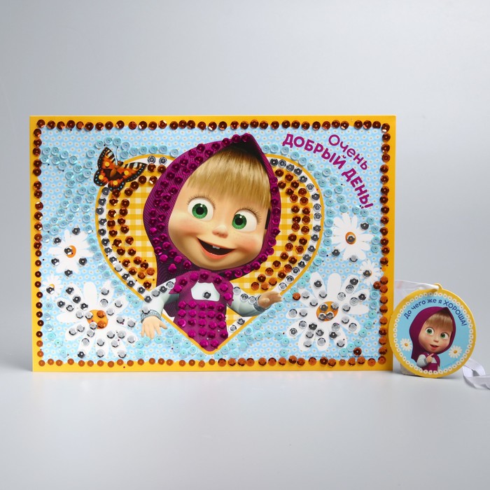 Аппликация пайетками "Добрый день" Маша и Медведь  с клеевым слоем + 4 цв пайеток