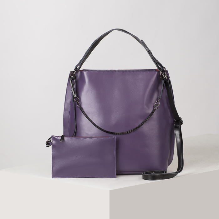 Сумка женская на молнии, 1 отдел с перегородкой, наружный карман, длинный ремень, с кошельком, цвет фиолетовый
