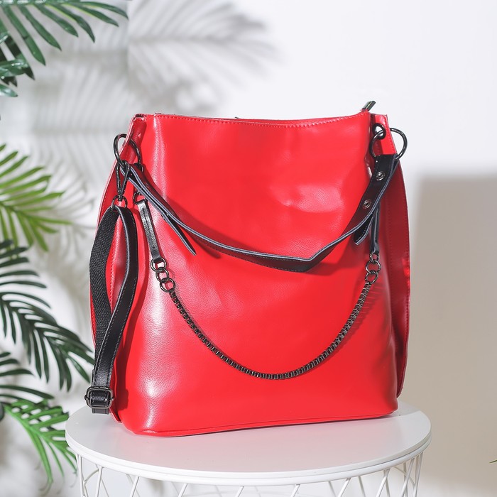 Сумка женская на молнии, 1 отдел с перегородкой, наружный карман, длинный ремень, с кошельком, цвет красный