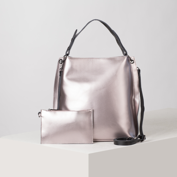 Сумка женская на молнии, 1 отдел с перегородкой, наружный карман, длинный ремень, с кошельком, цвет розовый, перламутровый