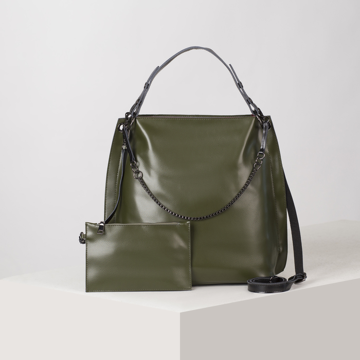 Сумка женская на молнии, 1 отдел с перегородкой, наружный карман, длинный ремень, с кошельком, цвет зелёный