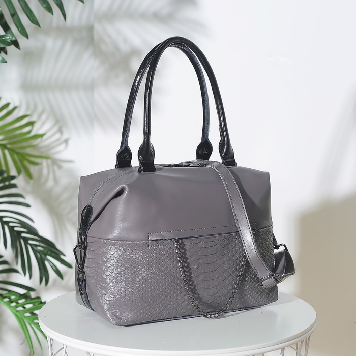 Сумка женская, отдел на молнии, 2 наружных кармана, длинный ремень, цвет серый