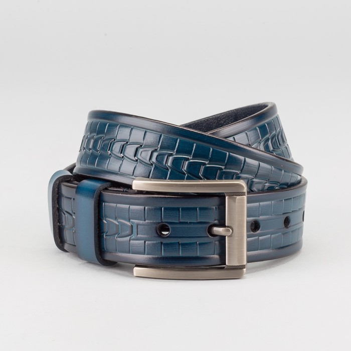 Ремень мужской, пряжка тёмный металл, ширина - 4 см, цвет синий