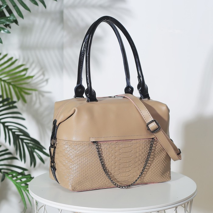 Сумка женская, отдел на молнии, 2 наружных кармана, длинный ремень, цвет бежевый