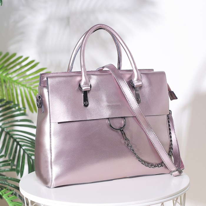 Сумка женская, отдел с перегородкой на молнии, наружный карман, длинный ремень, розовый перламутр