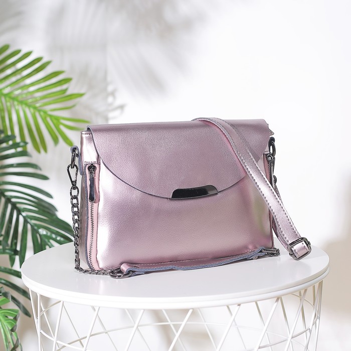 Сумка женская, отдел с перегородкой на молнии, 3 наружных кармана, длинный ремень, цвет пудровый