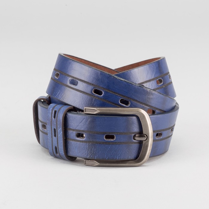 Ремень мужской, пряжка тёмный металл, ширина - 4 см, цвет синий