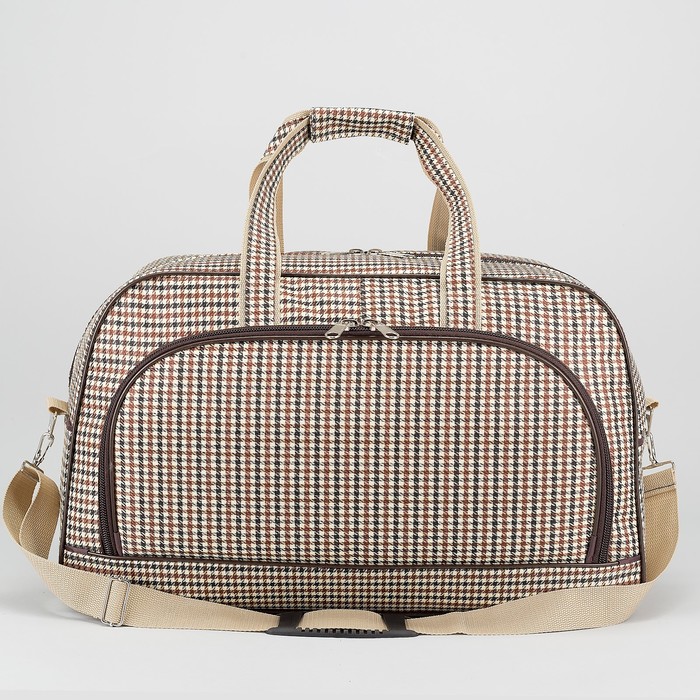 Сумка дорожная на молнии, 1 отдел, 2 наружных кармана, длинный ремень, цвет коричневый/бежевый