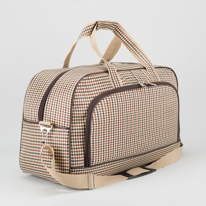 Сумка дорожная на молнии, 1 отдел, 2 наружных кармана, длинный ремень, цвет коричневый/бежевый