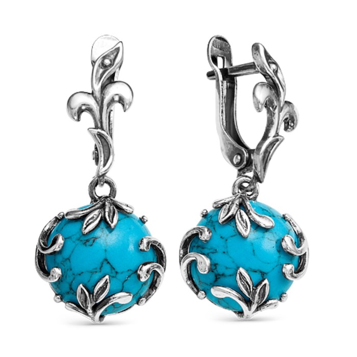 Серьги "Бирюза" круг, посеребрение с оксидированием