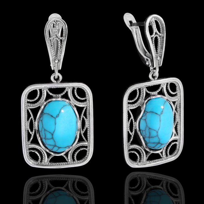 Серьги "Бирюза" прямоугольник, посеребрение с оксидированием