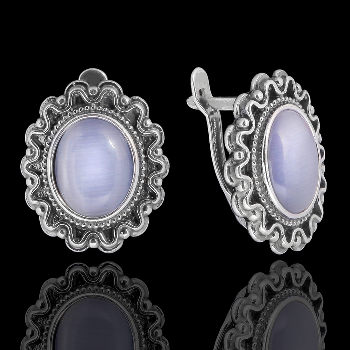 Серьги "Кошачий глаз" овал, цвет серый, посеребрение с оксидированием