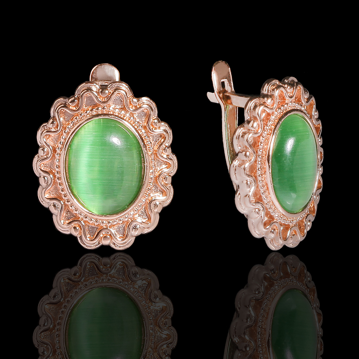 Серьги "Кошачий глаз" овал, цвет зелёный, позолота