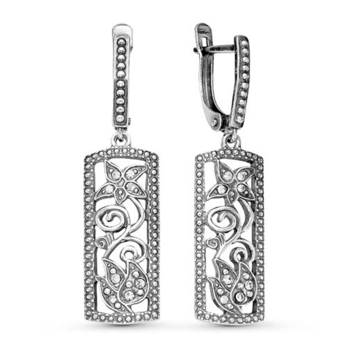 Серьги "Вьюн" прямоугольник резной, посеребрение с оксидированием