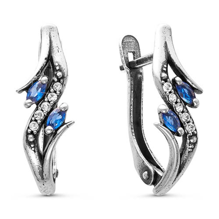 Серьги "Роскошь изгиба", цвет синий, посеребрение с оксидированием