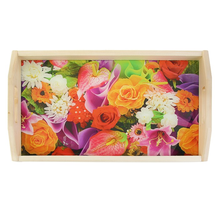 Поднос для завтрака "Яркий букет", стеклянная поверхность, 50х7х29,5см