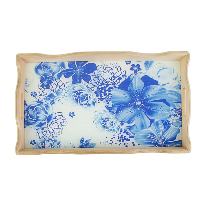 Поднос фигурный для завтрака "Васильки", стеклянная поверхность, 49х6х28,5см