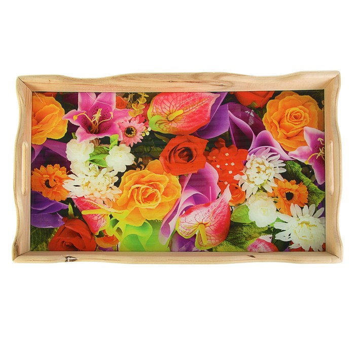 Поднос фигурный для завтрака "Яркий букет", стеклянная поверхность, 49х6х28,5см