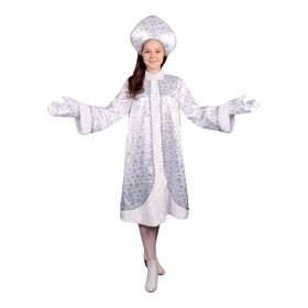 Карнавальный костюм "Снегурочка", атлас, шуба расклешённая со снежинками, кокошник, варежки, р-р 50