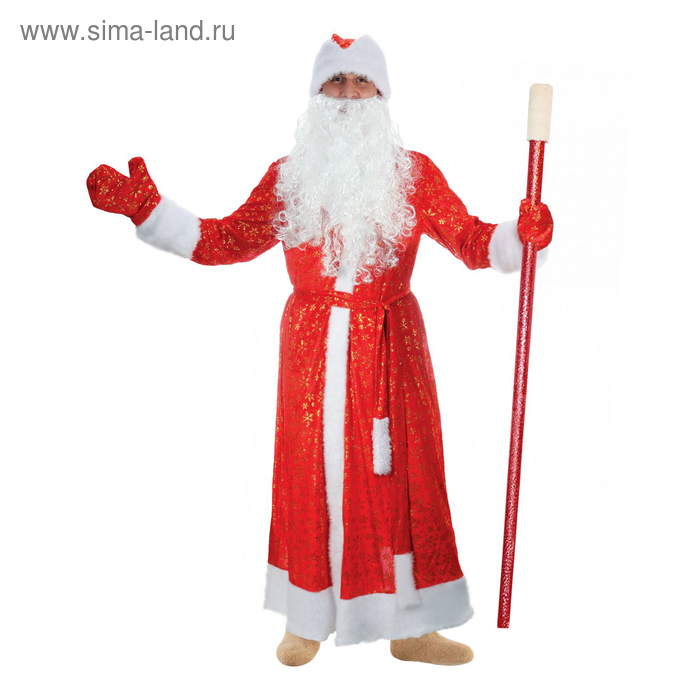 Карнавальный костюм Деда Мороза Золотые снежинки, шуба, пояс, шапка, варежки, борода, р-р 48-50, рост 176-182 см, мех МИКС