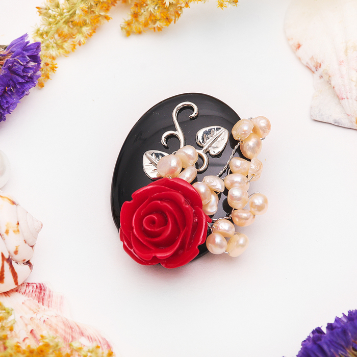 Брошь роскошь "Агат чёрный" роза