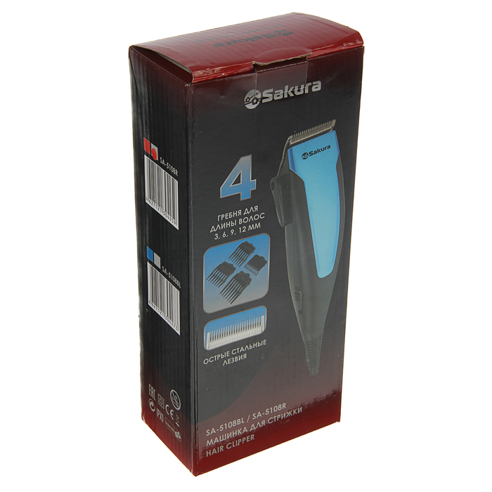 Машинка для стрижки SA-5108R, 4 насадки-гребня, стальные лезвия, 5-ступечатая регулировка