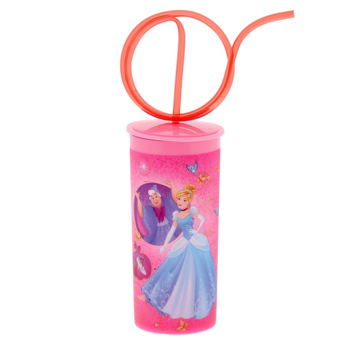 Бокал 3D 330 мл "Золушка и Рапунцель", с крышкой и витой трубочкой