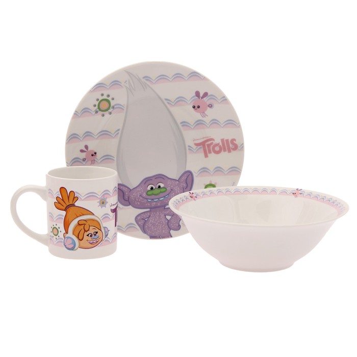 Набор посуды "Тролли", 3 предмета: кружка 210 мл, миска d=18 см, тарелка d=19 см, подарочная упаковка