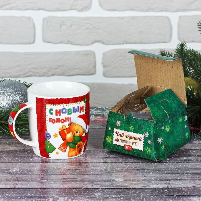 Набор чай чёрный с лимоном и мятой 100 г и кружка 300 мл "С Новым годом"