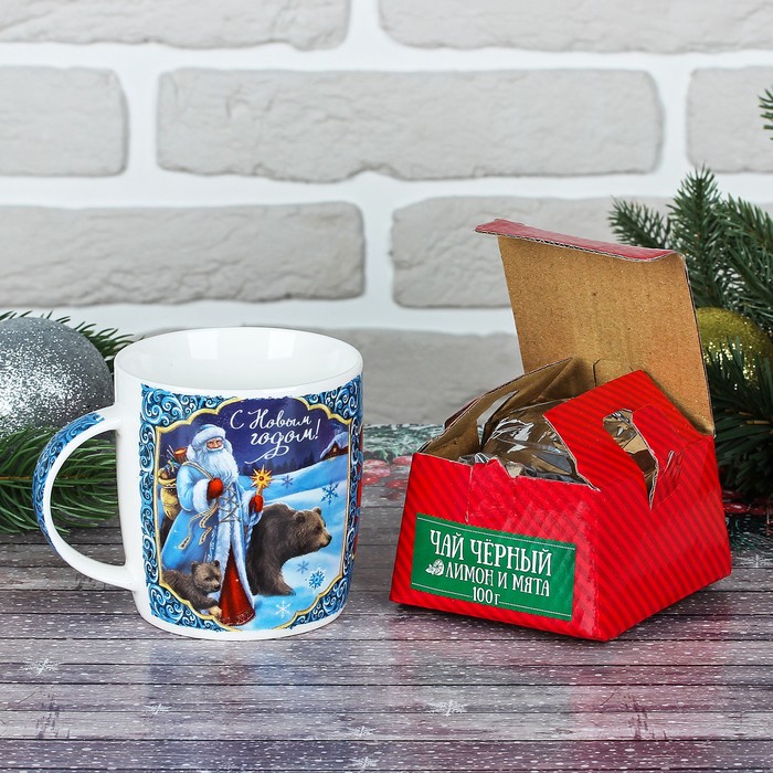 Набор чай чёрный с лимоном и мятой 100 г и кружка 300 мл "С новым годом"
