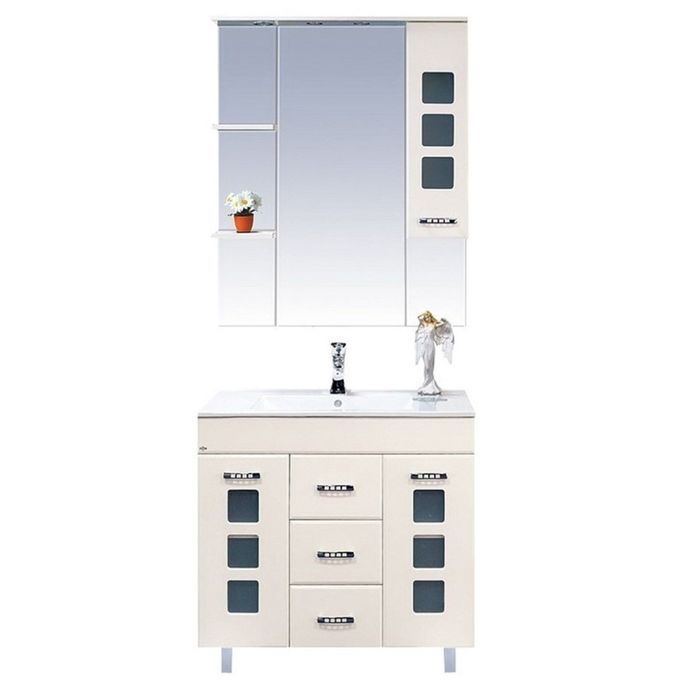 Шкаф-зеркало Misty "Квадро 75", левый, с подсветкой, бежевая эмаль