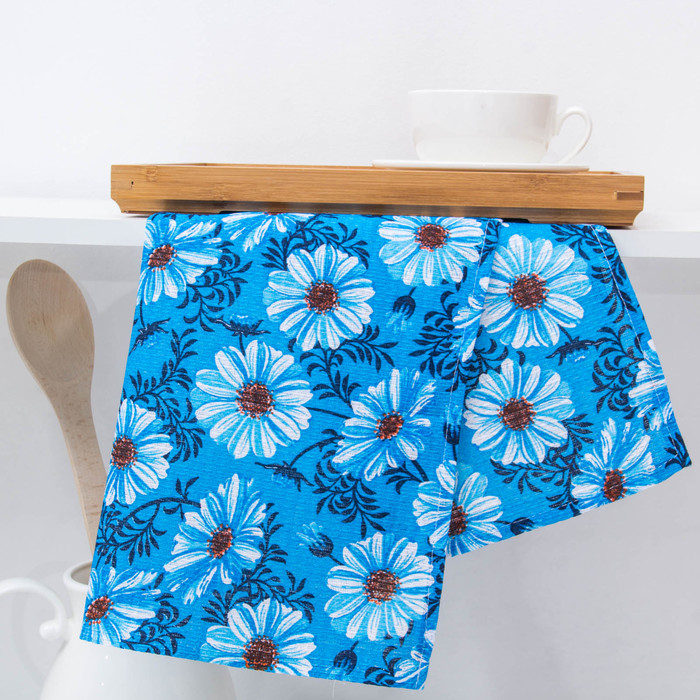 Полотенце вафельное набивное "Ромашки" 40х70 см,голубой,  160 гр/м2, 100% хлопок