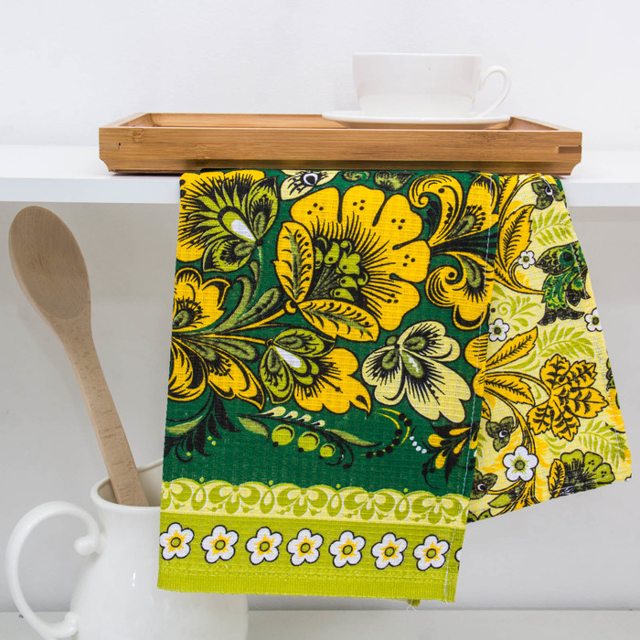 Полотенце вафельное набивное "Хохлома" 40х70 см, зелёный, 160 гр/м2, 100% хлопок