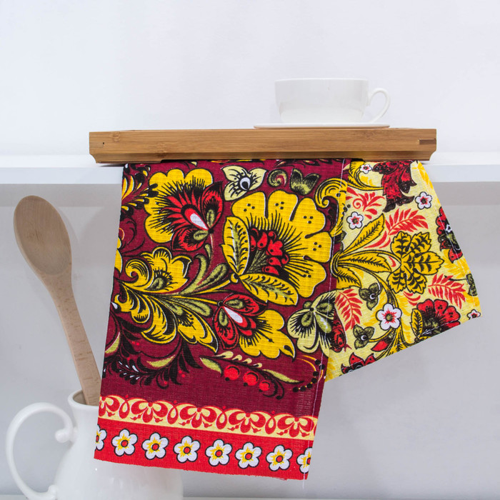 Полотенце вафельное набивное "Хохлома" 40х70 см, красный, 160 гр/м2, 100% хлопок