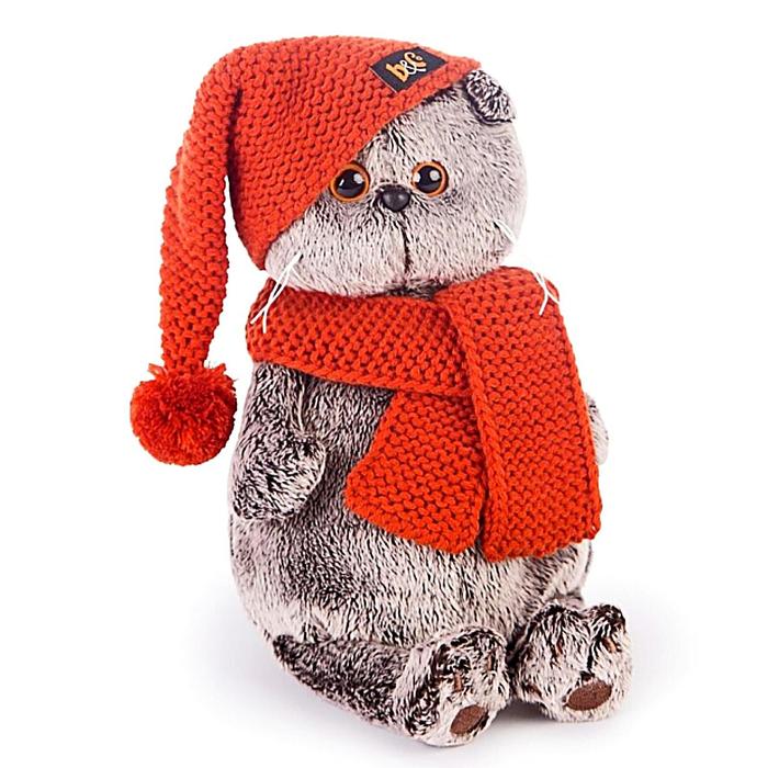Мягкая игрушка "Басик" в вязаной шапке и шарфе, 30 см