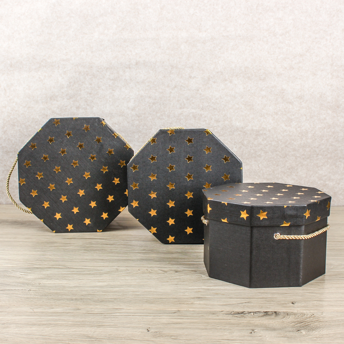 Набор коробок 3в1 "Золотые звёзды", чёрный, 25 х 25 х 15 - 19 х 19 х 12 см