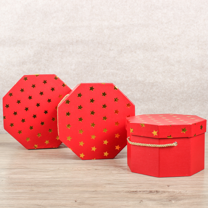 Набор коробок 3в1 "Золотые звёзды", красный, 25 х 25 х 15 - 19 х 19 х 12 см