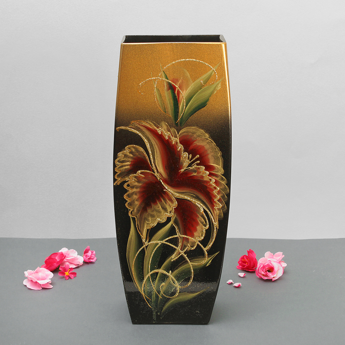 Ваза "Мак" плоская бочка, чёрно-золотая