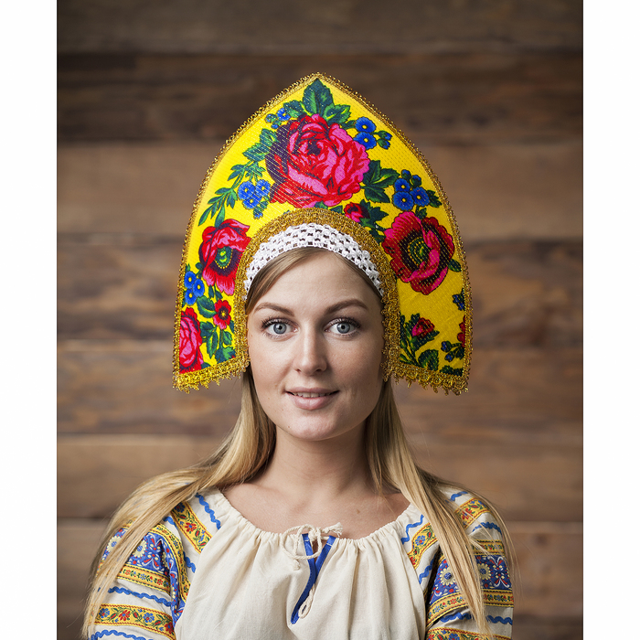 Кокошник "Восход" на желтом фоне, на резинке