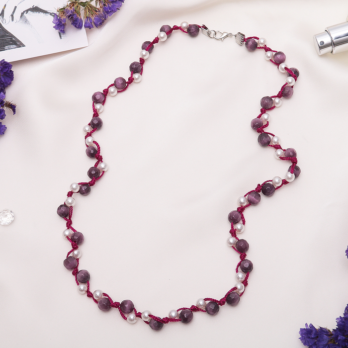 Бусы "Кошачий глаз с жемчугом" шар №8, гранёный, цвет фиолетовый, 45см