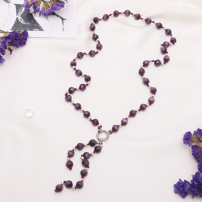 Бусы "Кошачий глаз" галстук, шар №8 гранёный, цвет фиолетовый, 45см