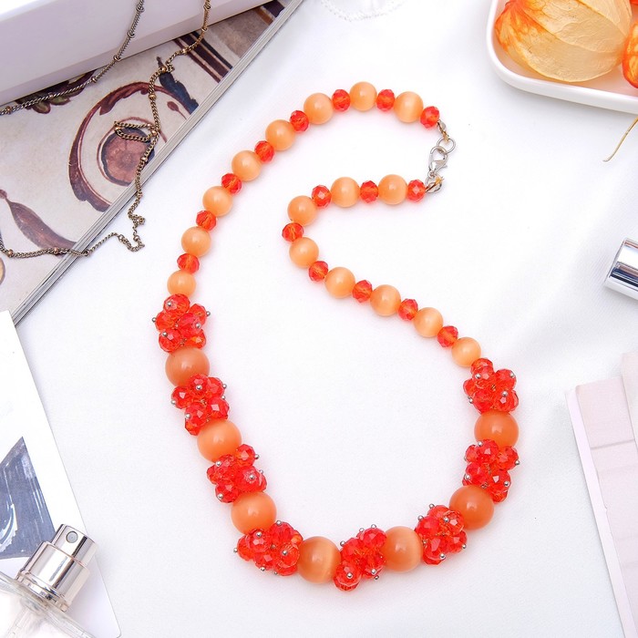 Бусы "Кошачий глаз с хрусталём" шар №12, цвет оранжевый, 45см