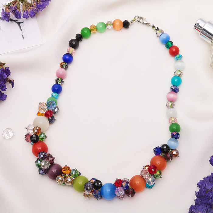 Бусы "Кошачий глаз с хрусталём" шар №12, цветные, 45см