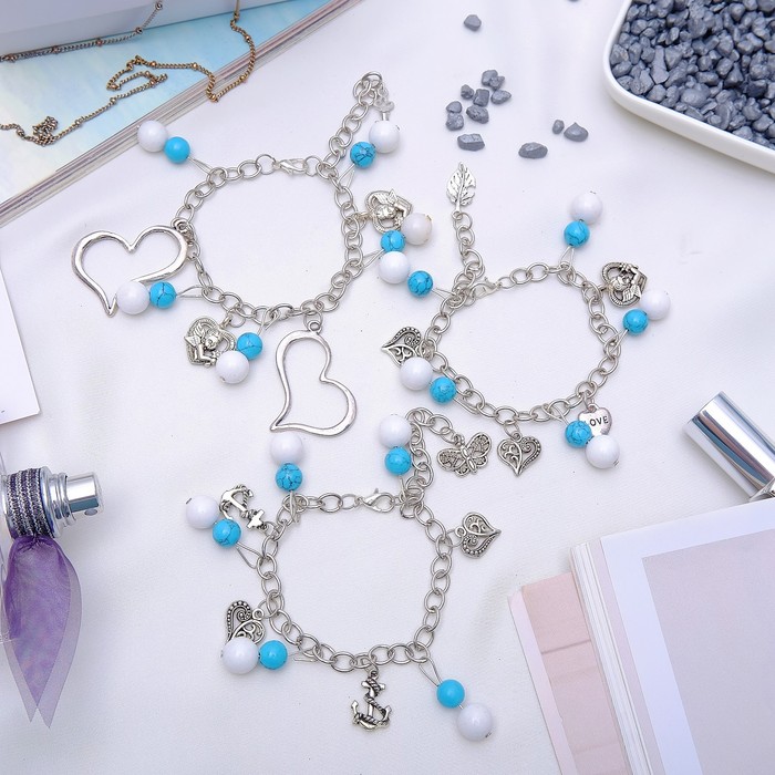 Браслет с подвесками "Агат" цвет бело-бирюзовый, форма МИКС