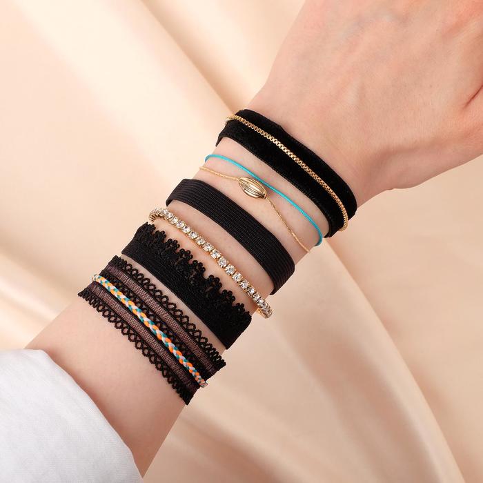 Браслет ассорти "Настроение", кружево, (набор 6 штук), цвет чёрно-голубой в золоте