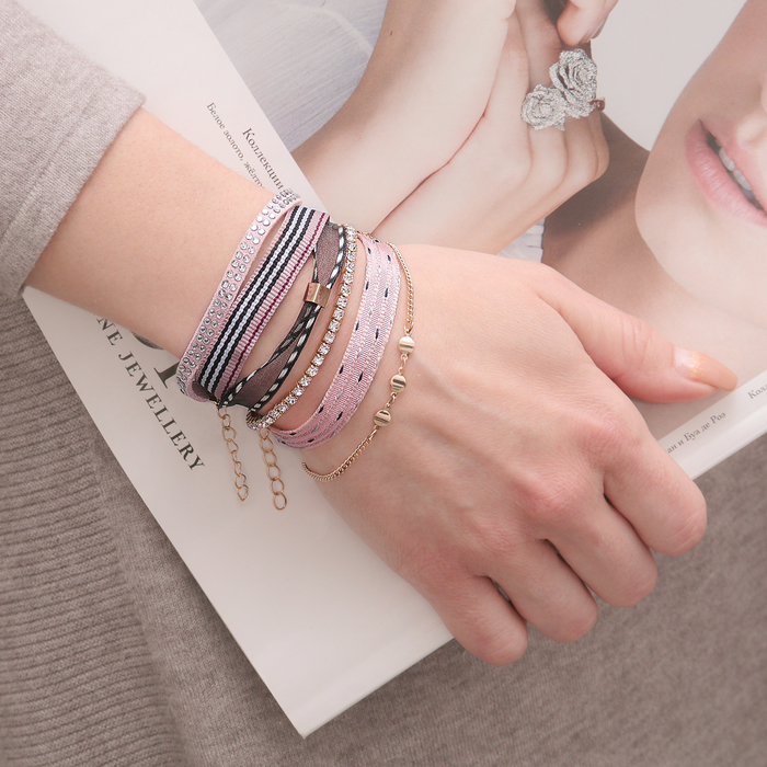 Браслет ассорти "Настроение" полоска, (набор 6 штук), цвет чёрно-розовый в золоте